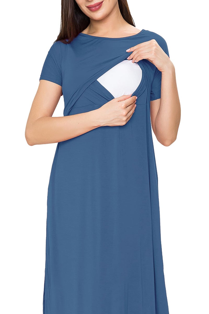 Smallshow Women's Maternity Nursing Dresses Split Long Dress for Breastfeeding Large Dusty Blue - Image 2